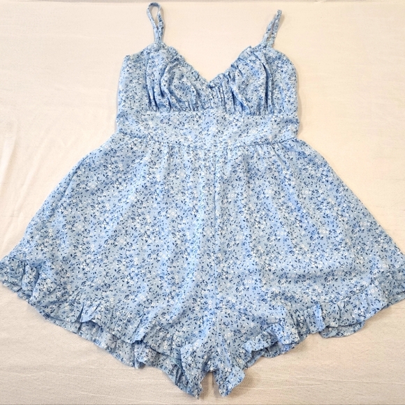 Trixxi Women's Sky Blue Flowy Floral Adjustable Spaghetti Strap Rompers, sz LG - Picture 10 of 16